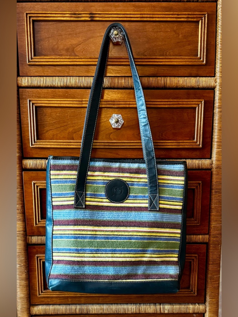 Born Leather and Woven Striped Multicolored Tote Handbag